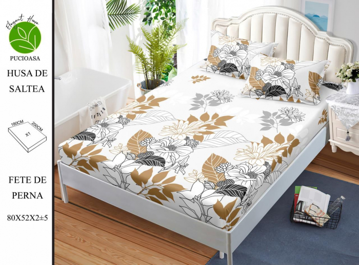 Husa de pat cu elastic 180x200 din Bumbac Finet + 2 Fete de Perna - Alb Cu Flori