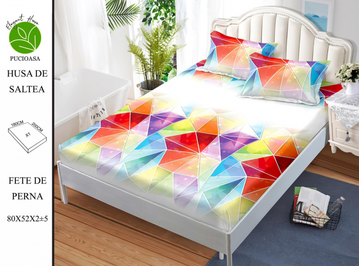 Husa de pat cu elastic 180x200 din Bumbac Finet + 2 Fete de Perna - Multicolor Geometric