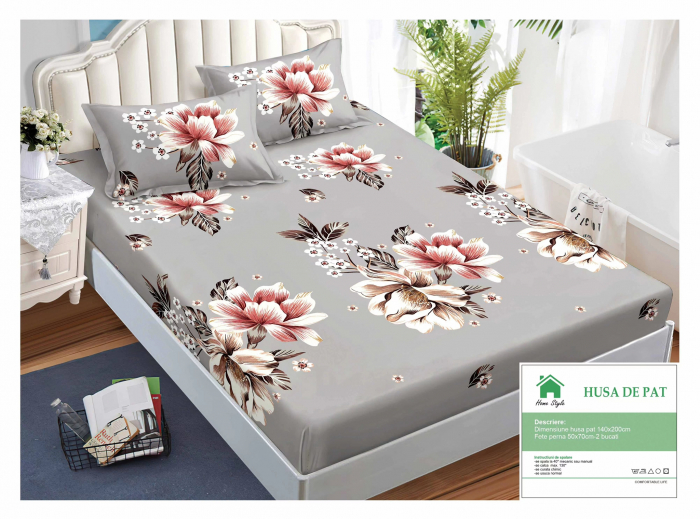 Husa de pat cu elastic 140x200 din Bumbac Finet + 2 Fete de Perna - Gri Cu Trandafiri