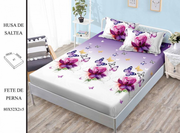 Husa de pat cu elastic 180x200 din Bumbac Finet + 2 Fete de Perna - Fluturi Flori Mov