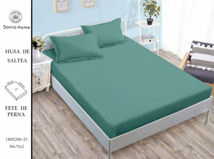 Husa de pat cu elastic 180x200 din Bumbac Finet + 2 Fete de Perna - Uni Cu Linii Verde