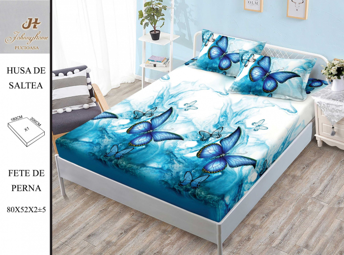 Husa de pat cu elastic 180x200 din Bumbac Finet + 2 Fete de Perna - Fluturi