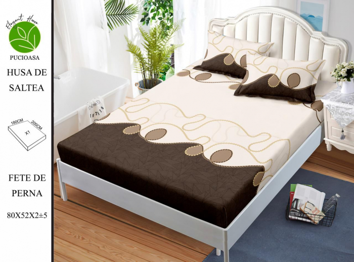Husa de pat cu elastic 180x200 din Bumbac Finet + 2 Fete de Perna - Minimalist Brown