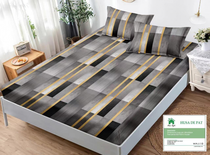 Husa de pat cu elastic 180x200 din Bumbac Finet + 2 Fete de Perna - Gri Galben