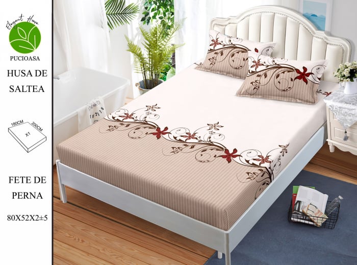 Husa de pat cu elastic 180x200 din Bumbac Finet + 2 Fete de Perna - Crem Bej