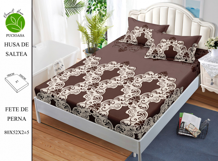 Husa de pat cu elastic 180x200 din Bumbac Finet + 2 Fete de Perna - Brown Royal