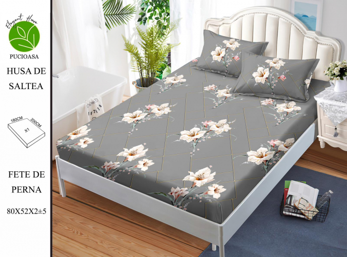 Husa de pat cu elastic 180x200 din Bumbac Finet + 2 Fete de Perna - Gri Cu Flori