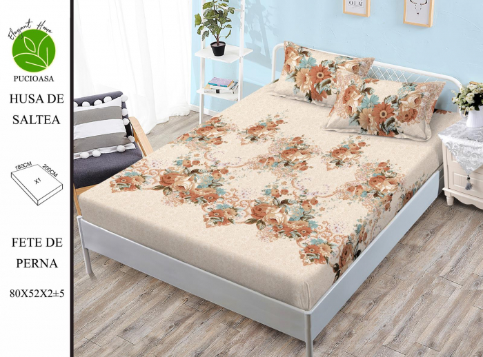 Husa de pat cu elastic 180x200 din Bumbac Finet + 2 Fete de Perna - Bej Cu Flori