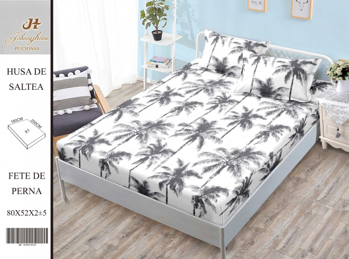 Husa de pat cu elastic 180x200 din Bumbac Finet + 2 Fete de Perna - Palmieri