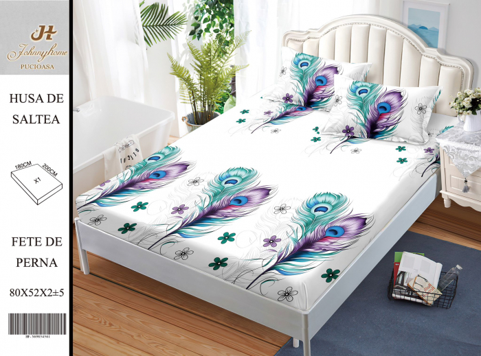 Husa de pat cu elastic 180x200 din Bumbac Finet + 2 Fete de Perna - Pene