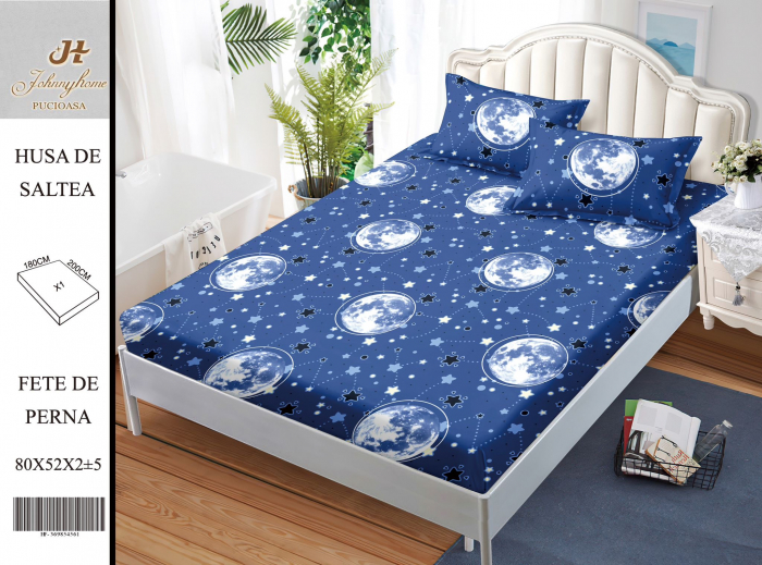 Husa de pat cu elastic 180x200 din Bumbac Finet + 2 Fete de Perna - Moon