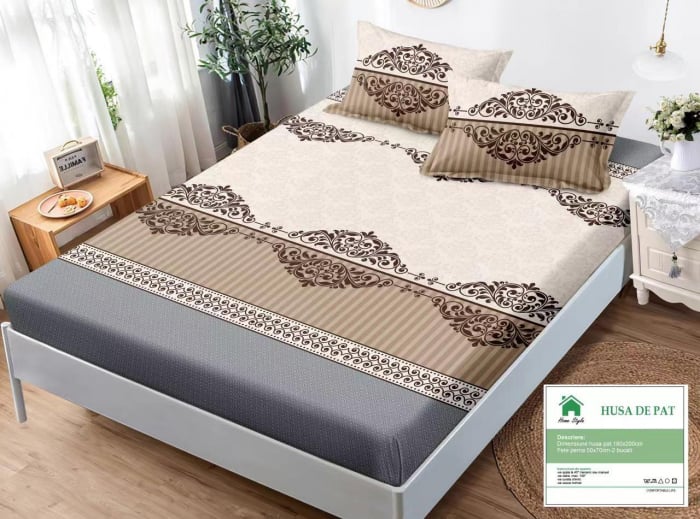 Husa de pat cu elastic 180x200 din Bumbac Finet + 2 Fete de Perna - Crem Bej Gri