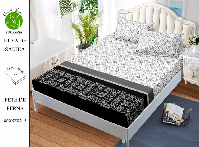 Husa de pat cu elastic 180x200 din Bumbac Finet + 2 Fete de Perna - Royal Alb Negru