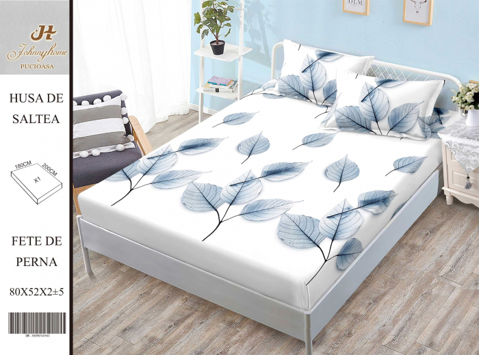 Husa de pat cu elastic 180x200 din Bumbac Finet + 2 Fete de Perna - Frunze
