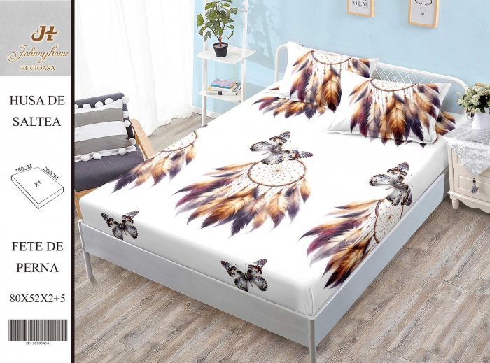 Husa de pat cu elastic 180x200 din Bumbac Finet + 2 Fete de Perna - Fluturi