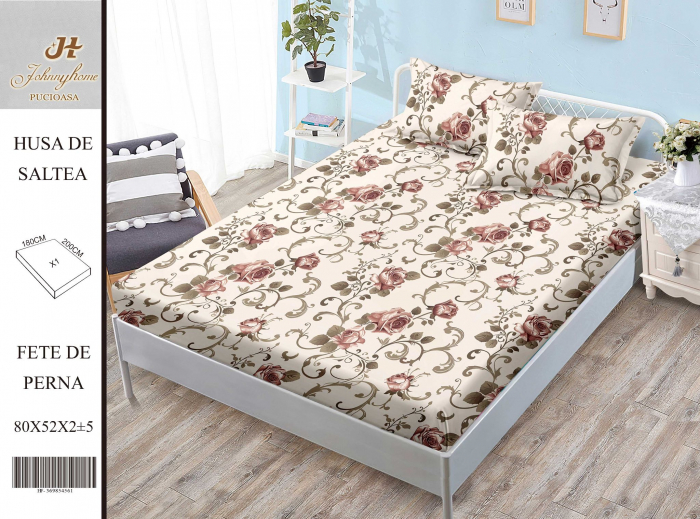Husa de pat cu elastic 180x200 din Bumbac Finet + 2 Fete de Perna - Flori