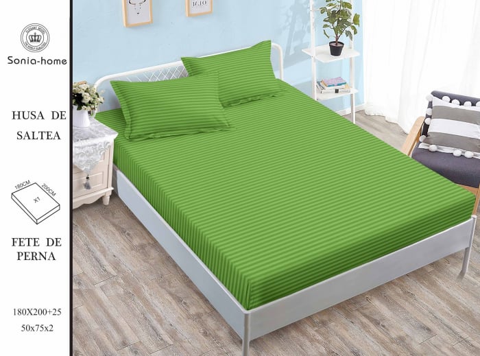 Husa de pat cu elastic 180x200 din Bumbac Finet + 2 Fete de Perna - Uni Cu Linii Verde Deschis