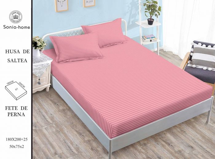 Husa de pat cu elastic 180x200 din Bumbac Finet + 2 Fete de Perna - Uni Cu Linii Roz