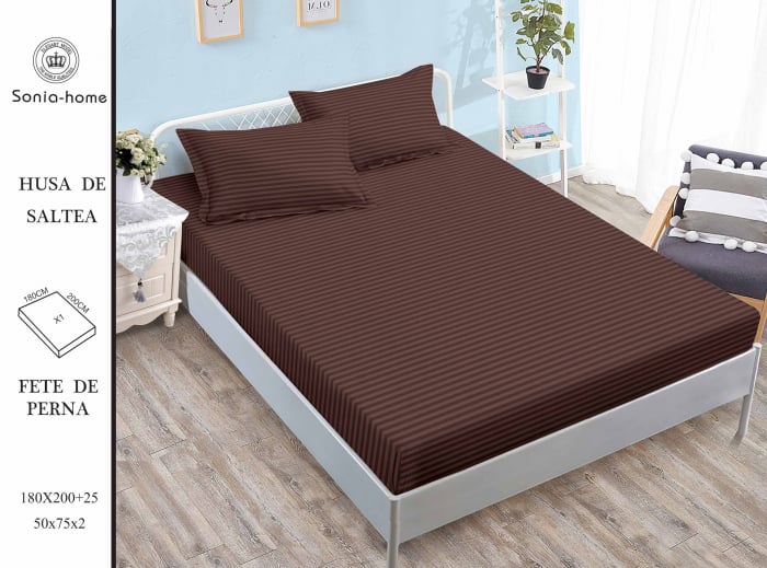 Husa de pat cu elastic 180x200 din Bumbac Finet + 2 Fete de Perna - Uni Cu Linii Maro