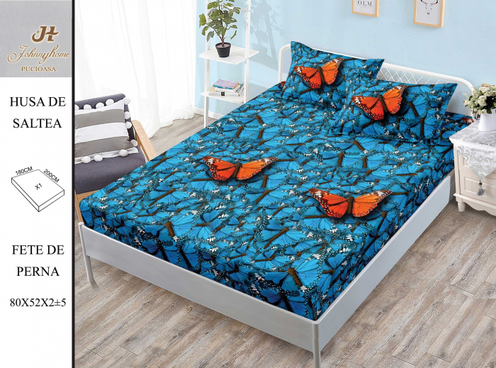 Husa de pat cu elastic 180x200 din Bumbac Finet + 2 Fete de Perna - Fluturi