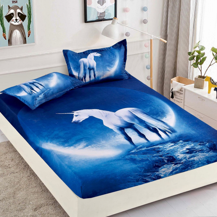 Husa de pat cu elastic + 2 Fete de Perna 160x200, Night Unicorn