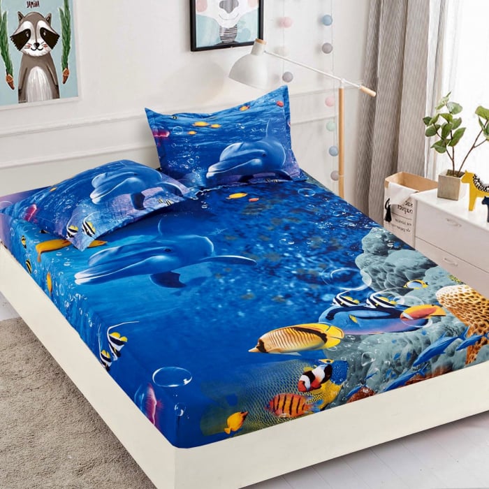 huse de pat cu 2 fete de perna Husa de pat cu elastic + 2 Fete de Perna, Dolphin