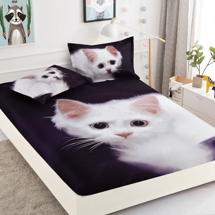 bff desene cu fete in creion cute Husa de pat cu elastic + 2 Fete de Perna 160x200, Cute White Cat