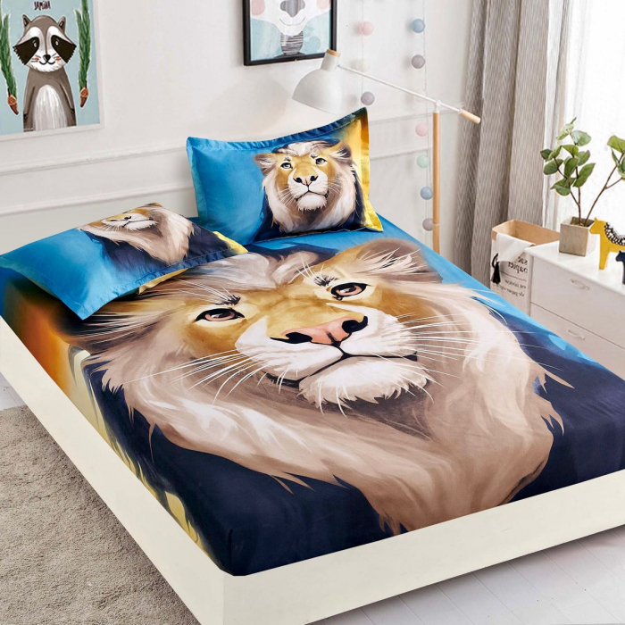 huse de pat cu 2 fete de perna Husa de pat cu elastic + 2 Fete de Perna, Lion