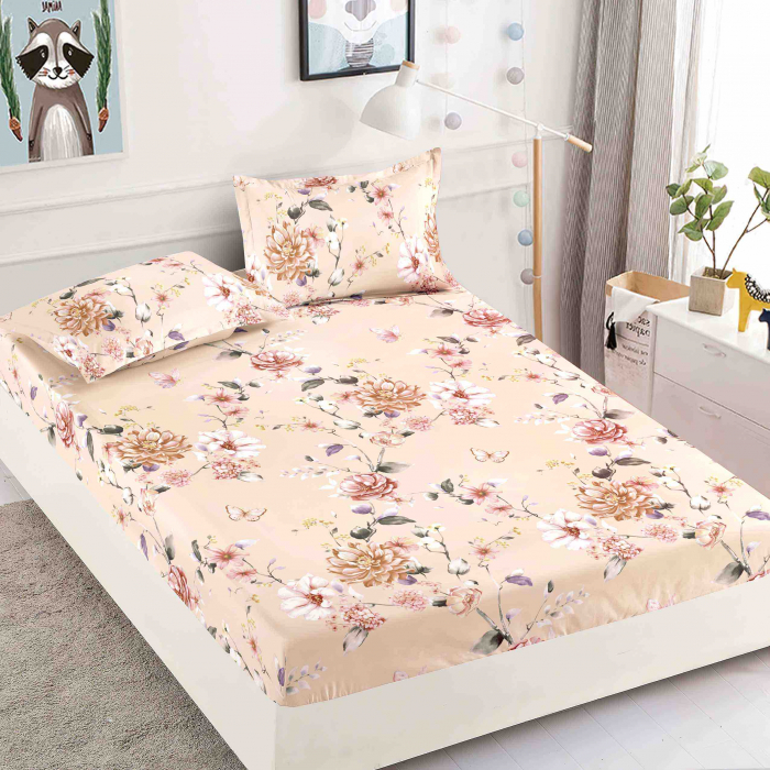 Husa de pat cu elastic din Bumbac Finet + 2 Fete de Perna - Crem Cu Floricele [1]