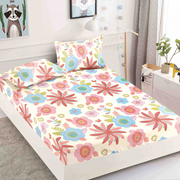 Husa de pat cu elastic din Bumbac Finet + 2 Fete de Perna - Floricele Roz [1]