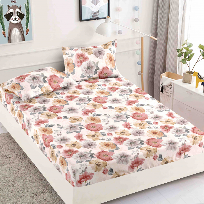 Husa de pat cu elastic din Bumbac Finet + 2 Fete de Perna - Alb Cu Flori Rosii [1]