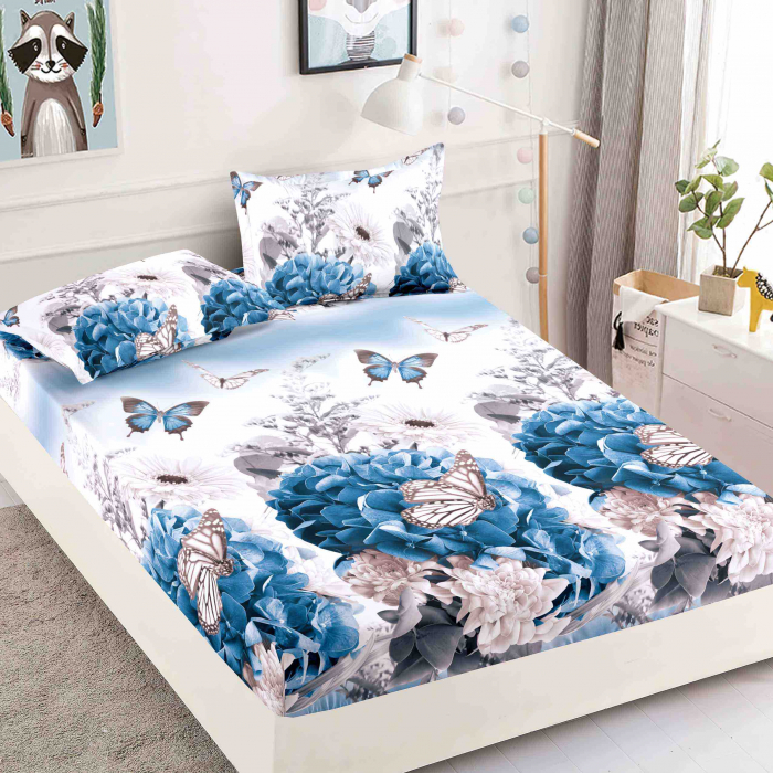 Husa de pat cu elastic din Bumbac Finet + 2 Fete de Perna - Flori & Fluturi [1]