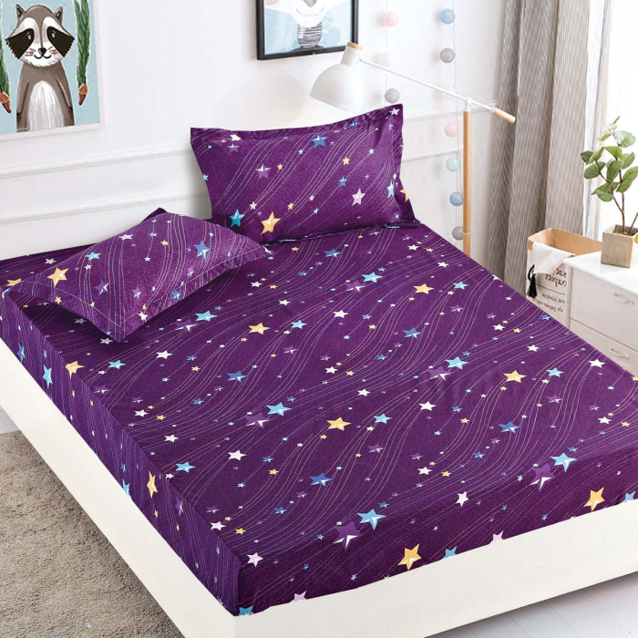 Husa Din Bumbac Tip Finet Cu Elastic 1 Persoana, Purple Stars