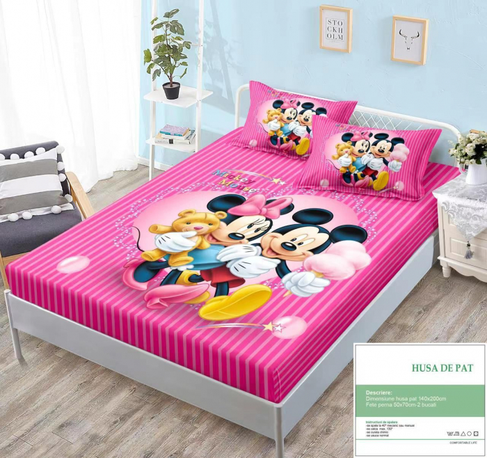 Husa Din Bumbac Tip Finet Cu Elastic 140x200 - Minnie Mickey Mouse