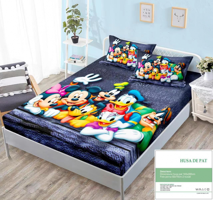 Husa Din Bumbac Tip Finet Cu Elastic 140x200 - Mickey Prietenii