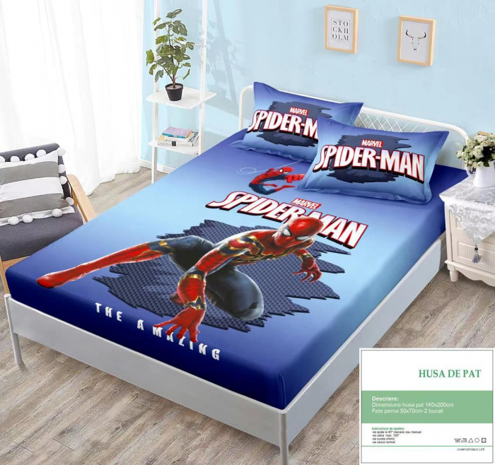 Husa Din Bumbac Tip Finet Cu Elastic 140x200 - Spider-Man Marvel