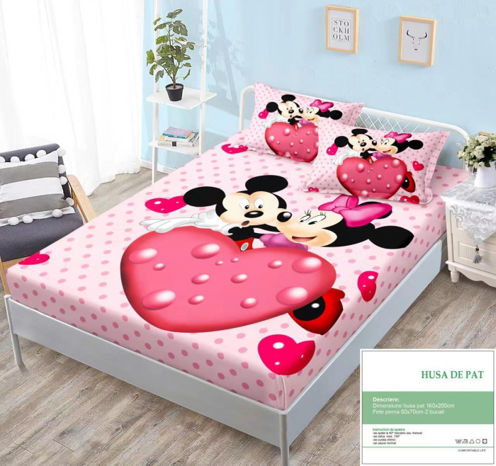 Husa Din Bumbac Tip Finet Cu Elastic 160x200 - Minnie Mickey Pink