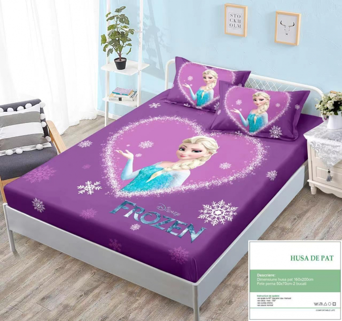 Husa Din Bumbac Tip Finet Cu Elastic 160x200 - Elsa Purple