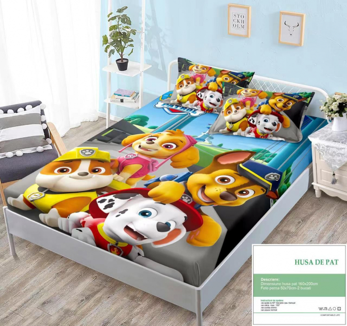 Husa Din Bumbac Tip Finet Cu Elastic 160x200 - Paw Patrol