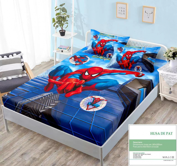 Husa Din Bumbac Tip Finet Cu Elastic 160x200 - Spider-Man