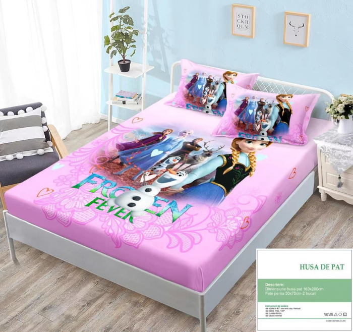 Husa Din Bumbac Tip Finet Cu Elastic 160x200 - Frozen Fever