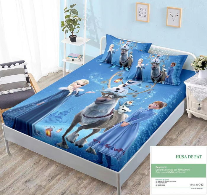 Husa Din Bumbac Tip Finet Cu Elastic 160x200 - Ana Elsa Blue