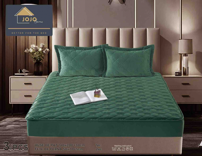 Husã matlasatã tip topper din catifea, 140x200cm + 2 fete de perna 50x70cm - Verde Smarald [4]