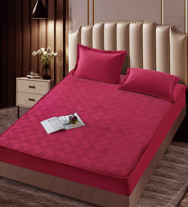 Husa matlasata tip topper din catifea, 160x200cm + 2 fete de perna 50x70cm - Rosu