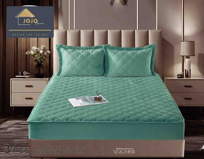 Husã matlasatã tip topper din catifea, 140x200cm + 2 fete de perna 50x70cm - Verde [4]