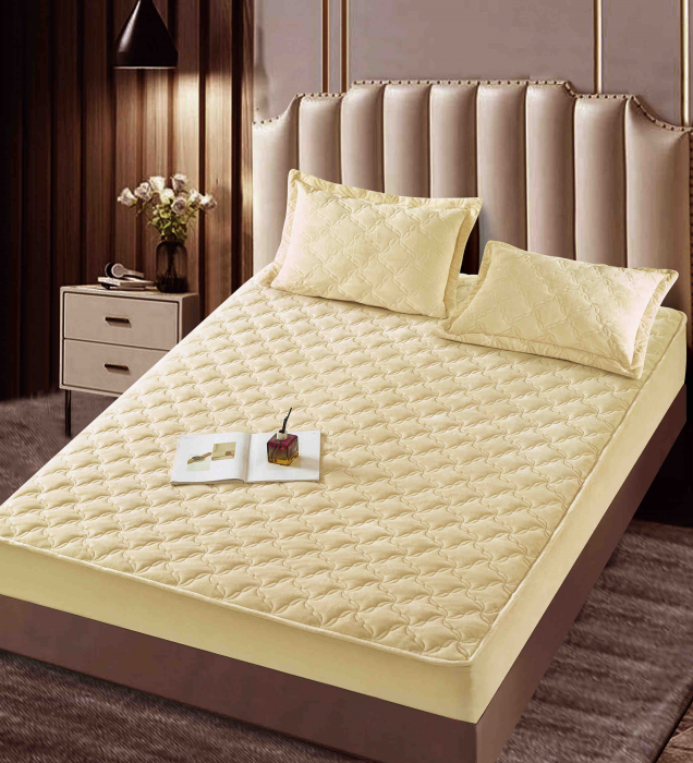 Husa matlasata tip topper din catifea, 140x200cm + 2 fete de perna 50x70cm - Crem