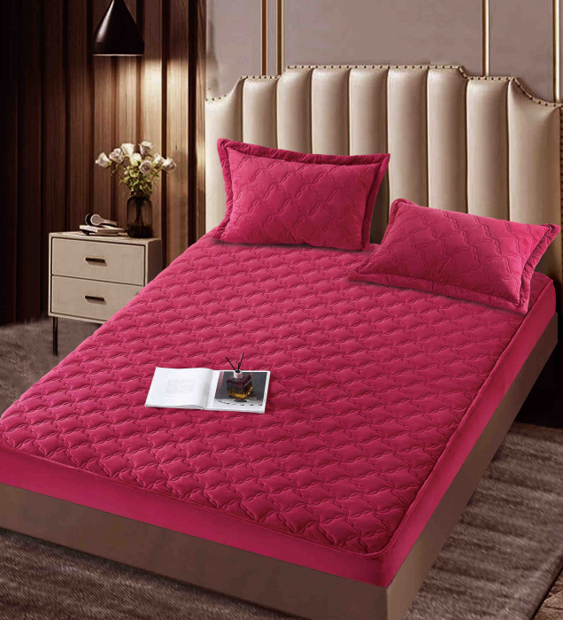Husa matlasata tip topper din catifea, 140x200cm + 2 fete de perna 50x70cm - Rosu