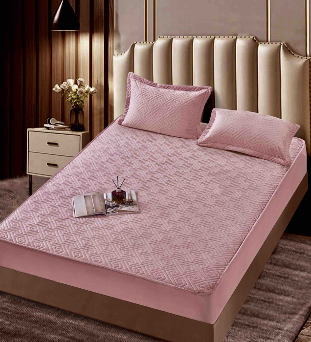 Husa matlasata tip topper din catifea, 160x200cm + 2 fete de perna 50x70cm - Roz