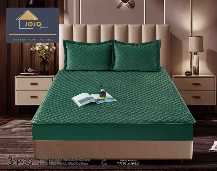 Husã matlasatã tip topper din catifea, 160x200cm + 2 fete de perna 50x70cm - Verde [4]
