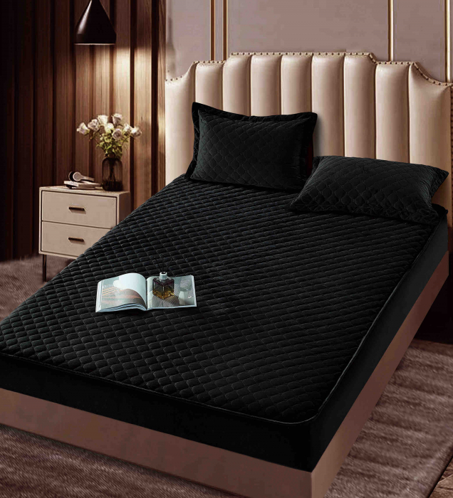 Husa matlasata tip topper din catifea, 160x200cm + 2 fete de perna 50x70cm - Negru